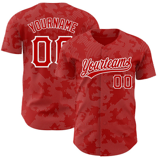 Custom Red White 3D Pattern Design Curve Lines Authentic Baseball Jersey - Main View