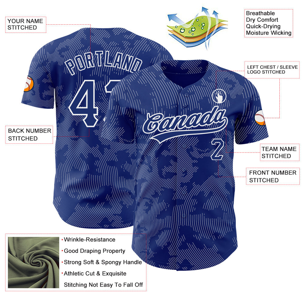 Custom Royal White 3D Pattern Design Curve Lines Authentic Baseball Jersey view 3