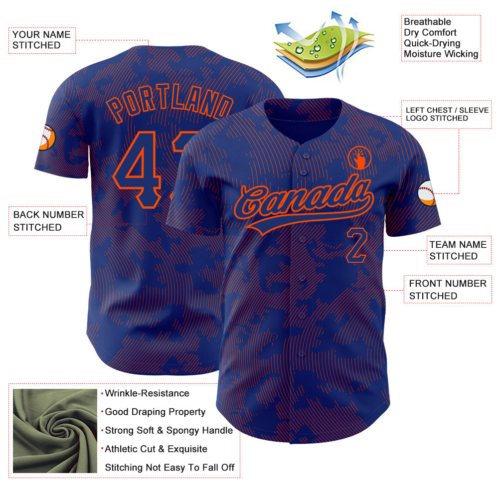 Custom Royal Orange 3D Pattern Design Curve Lines Authentic Baseball Jersey view 3