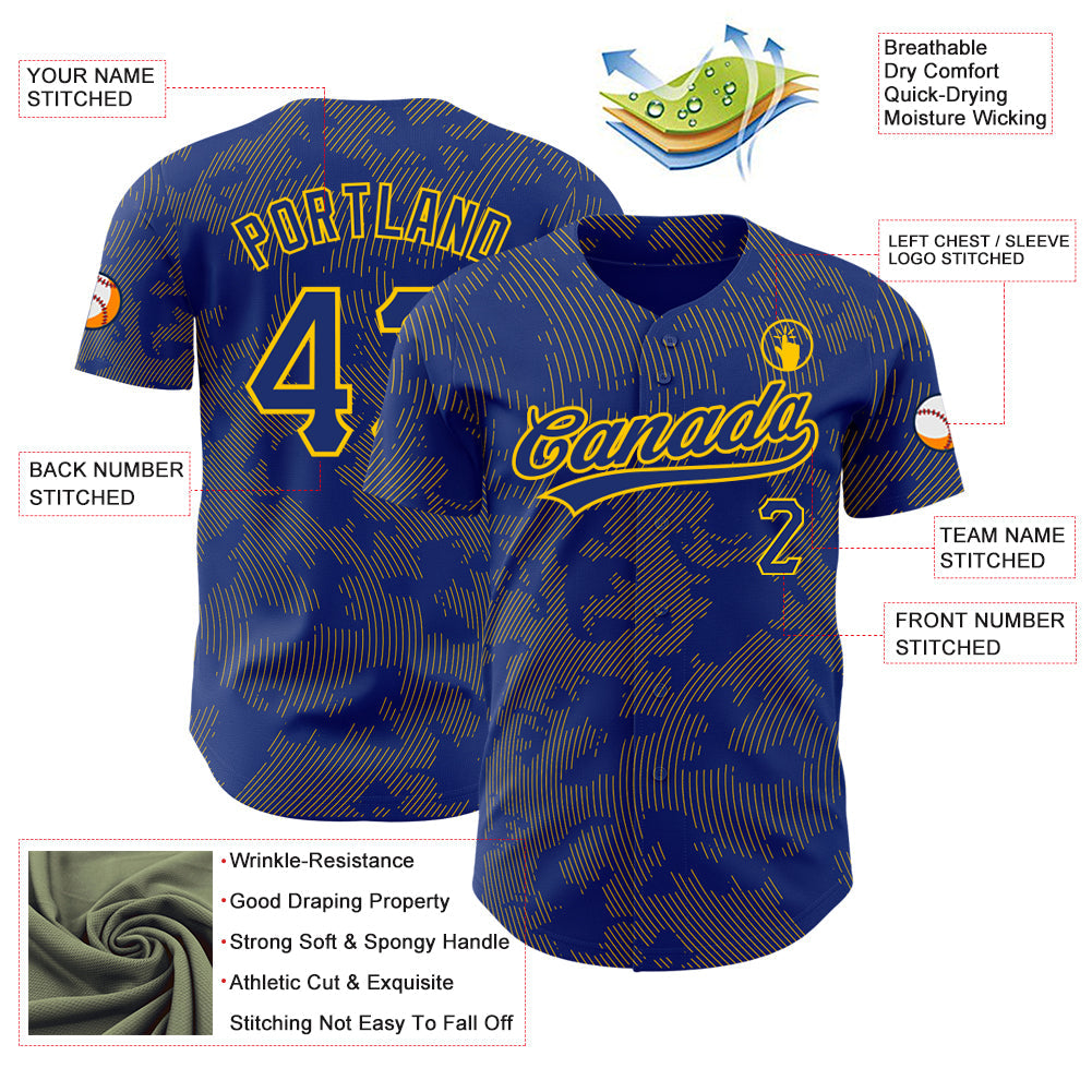 Custom Royal Yellow 3D Pattern Design Curve Lines Authentic Baseball Jersey view 3