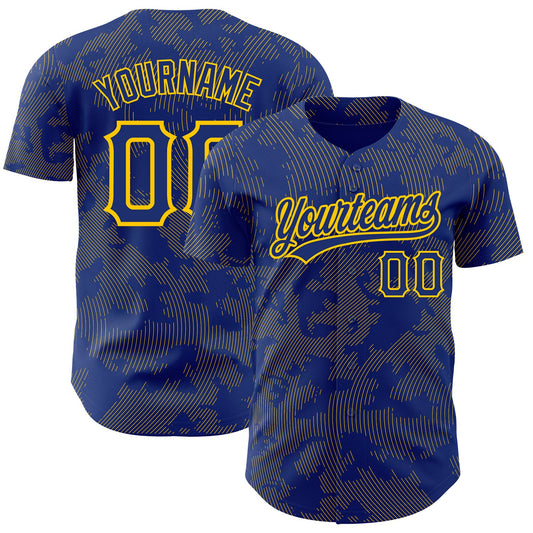 Custom Royal Yellow 3D Pattern Design Curve Lines Authentic Baseball Jersey - Main View