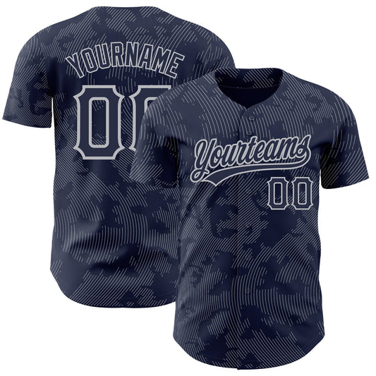 Custom Navy Gray 3D Pattern Design Curve Lines Authentic Baseball Jersey - Main View