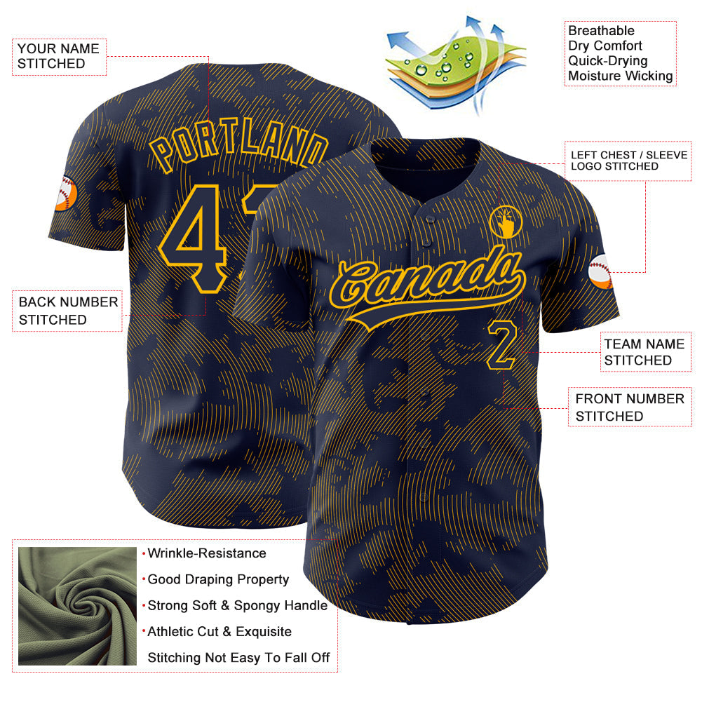 Custom Navy Gold 3D Pattern Design Curve Lines Authentic Baseball Jersey view 3
