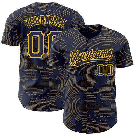 Custom Navy Gold 3D Pattern Design Curve Lines Authentic Baseball Jersey - Main View