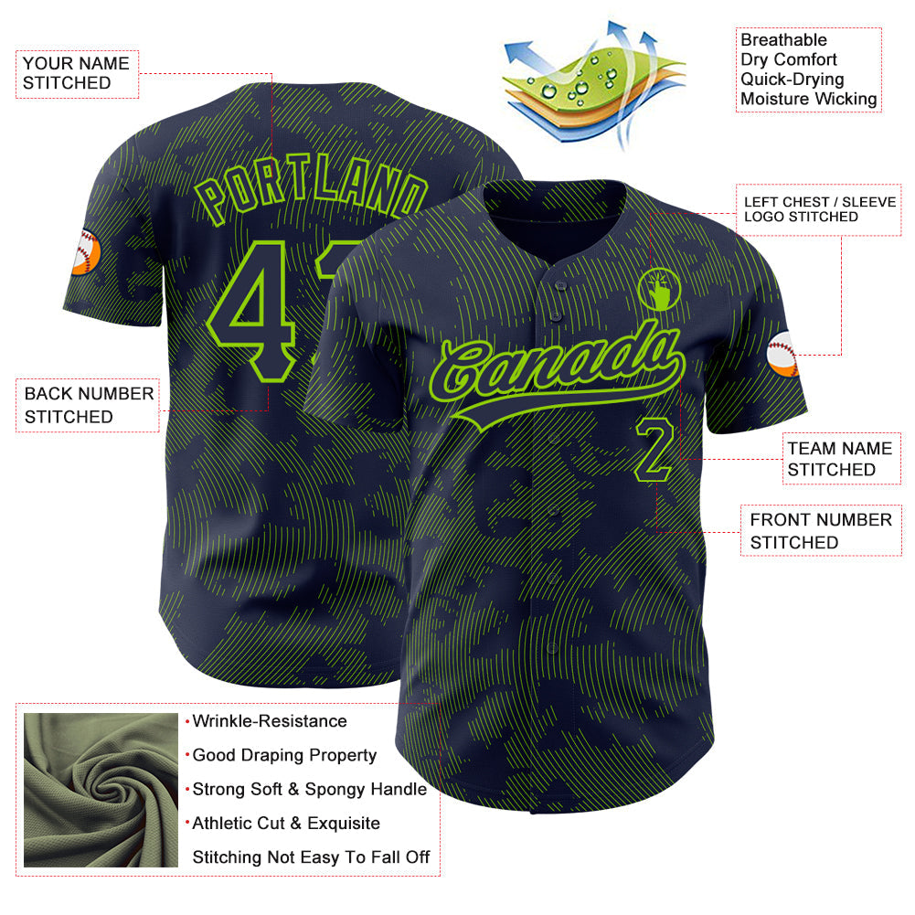 Custom Navy Neon Green 3D Pattern Design Curve Lines Authentic Baseball Jersey view 3