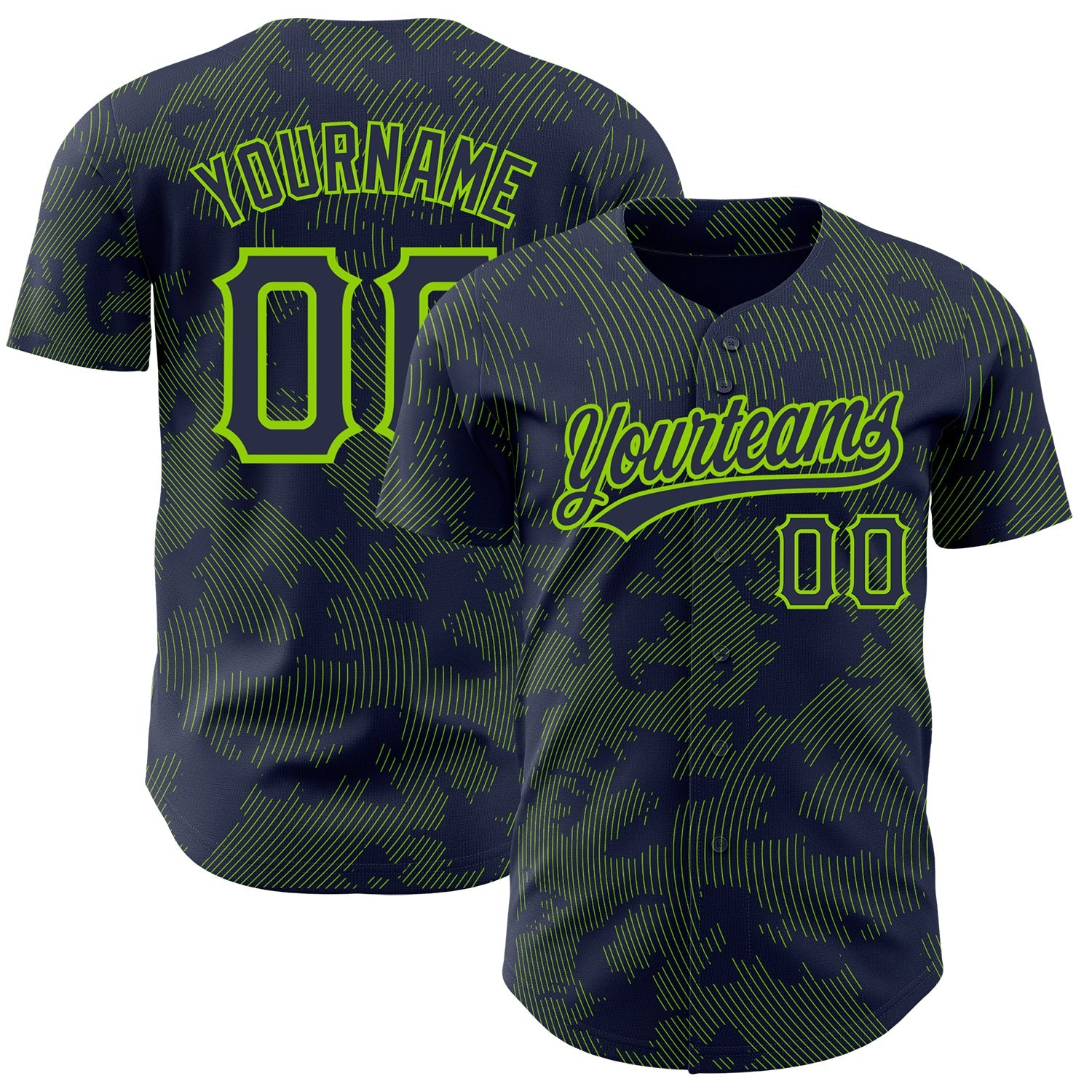Custom Navy Neon Green 3D Pattern Design Curve Lines Authentic Baseball Jersey - Main View