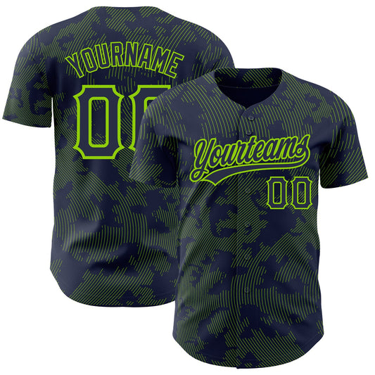 Custom Navy Neon Green 3D Pattern Design Curve Lines Authentic Baseball Jersey - Main View
