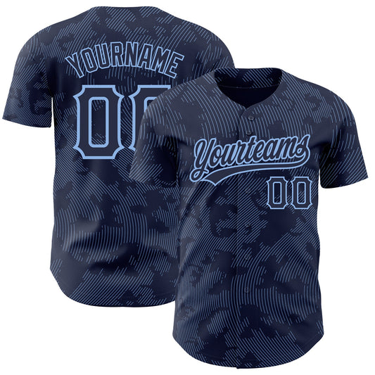 Custom Navy Light Blue 3D Pattern Design Curve Lines Authentic Baseball Jersey - Main View