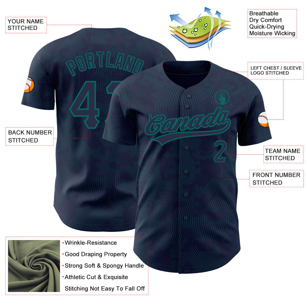 Custom Navy Teal 3D Pattern Design Curve Lines Authentic Baseball Jersey view 3