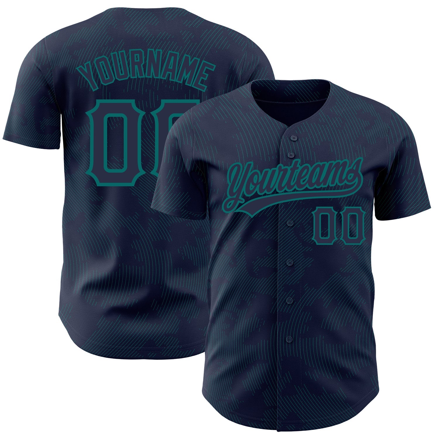 Custom Navy Teal 3D Pattern Design Curve Lines Authentic Baseball Jersey - Main View