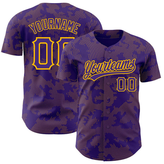 Custom Purple Gold 3D Pattern Design Curve Lines Authentic Baseball Jersey - Main View