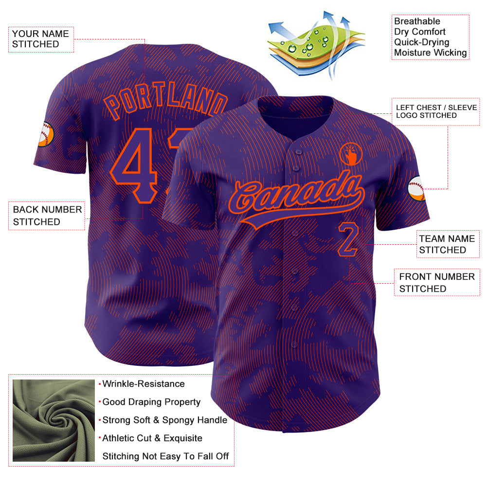 Custom Purple Orange 3D Pattern Design Curve Lines Authentic Baseball Jersey view 3