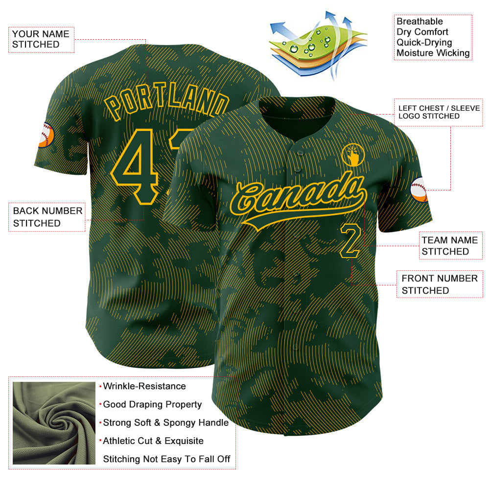 Custom Green Gold 3D Pattern Design Curve Lines Authentic Baseball Jersey view 3
