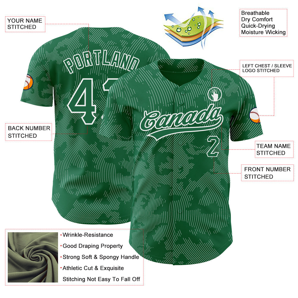 Custom Kelly Green White 3D Pattern Design Curve Lines Authentic Baseball Jersey view 3
