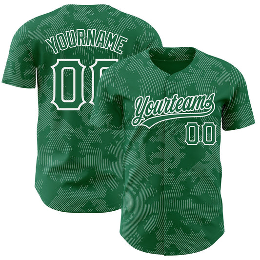 Custom Kelly Green White 3D Pattern Design Curve Lines Authentic Baseball Jersey - Main View