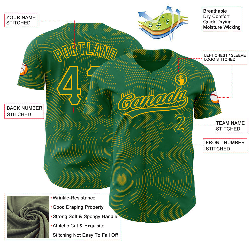 Custom Kelly Green Gold 3D Pattern Design Curve Lines Authentic Baseball Jersey view 3