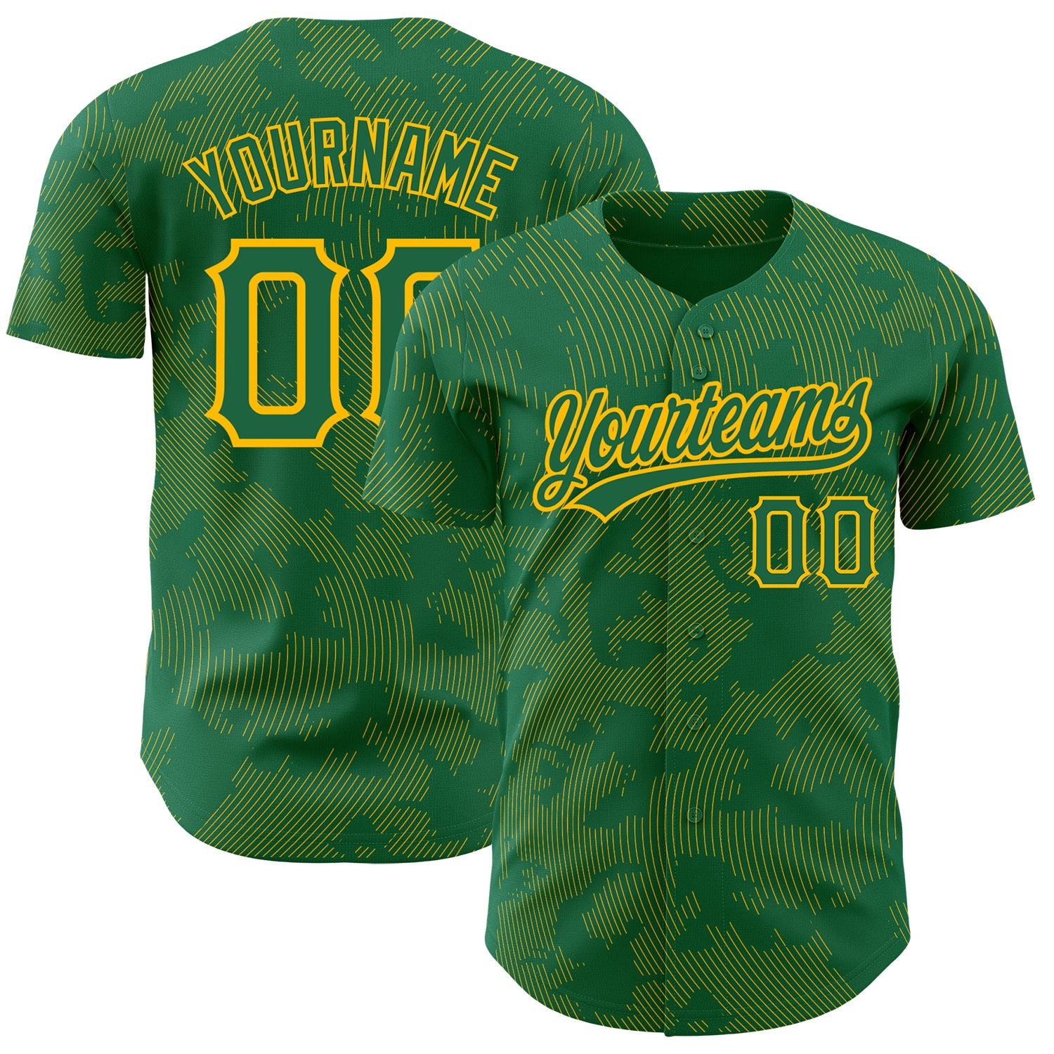 Custom Kelly Green Gold 3D Pattern Design Curve Lines Authentic Baseball Jersey - Main View
