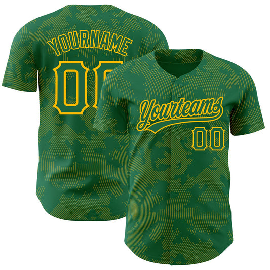 Custom Kelly Green Gold 3D Pattern Design Curve Lines Authentic Baseball Jersey - Main View