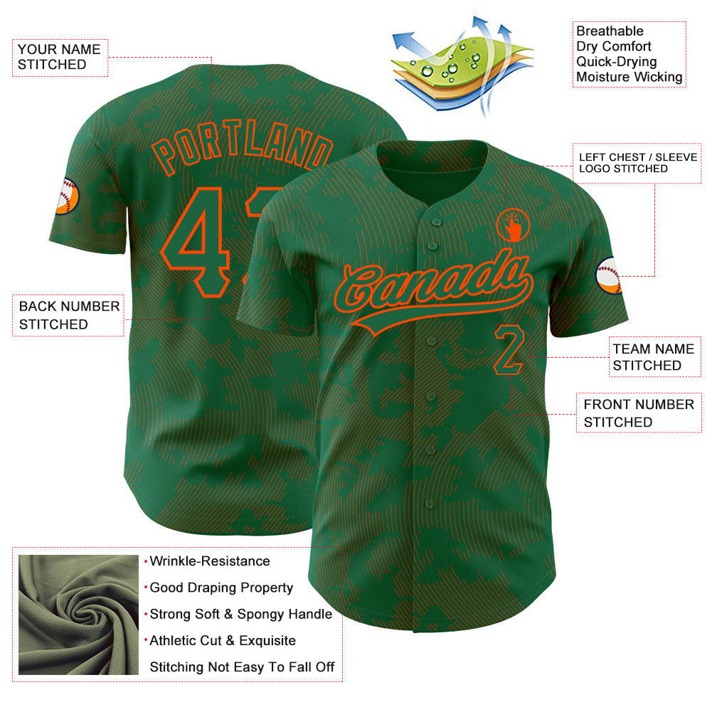 Custom Kelly Green Orange 3D Pattern Design Curve Lines Authentic Baseball Jersey view 3