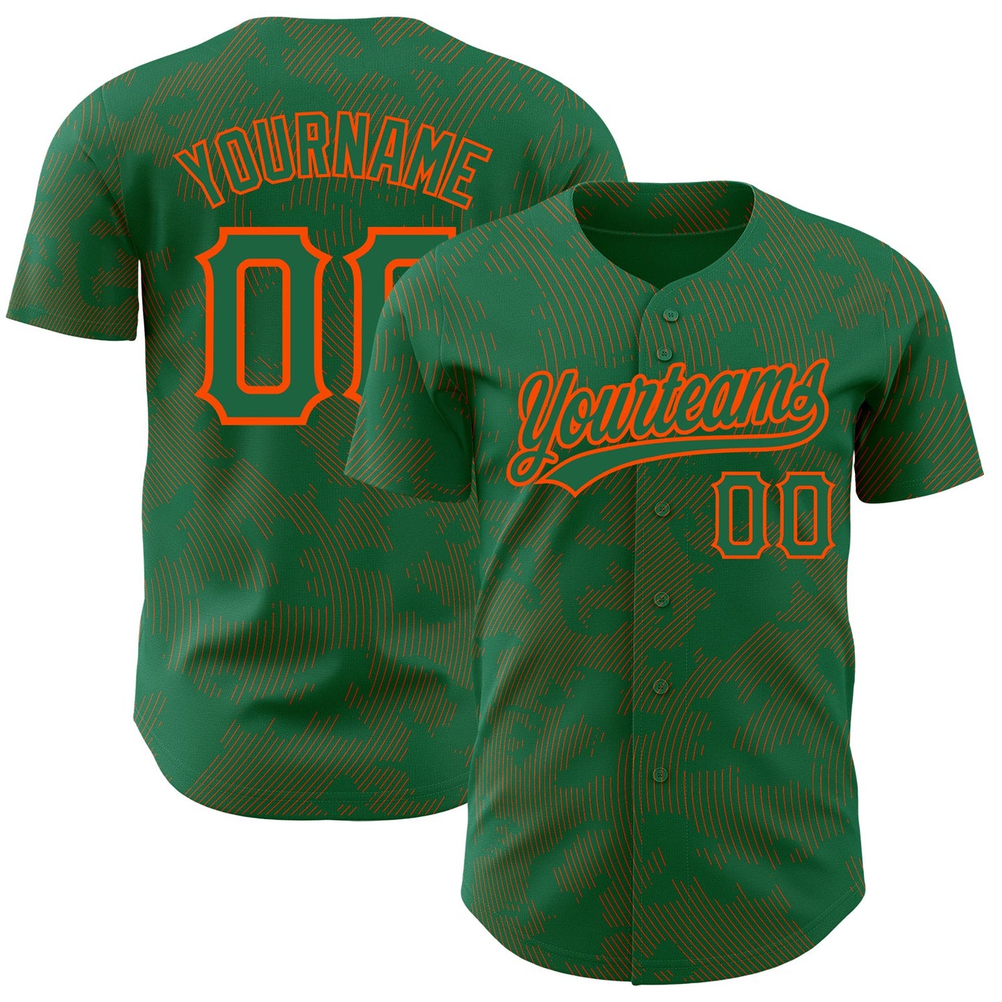 Custom Kelly Green Orange 3D Pattern Design Curve Lines Authentic Baseball Jersey - Main View