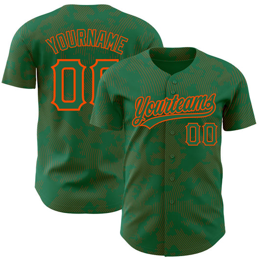 Custom Kelly Green Orange 3D Pattern Design Curve Lines Authentic Baseball Jersey - Main View