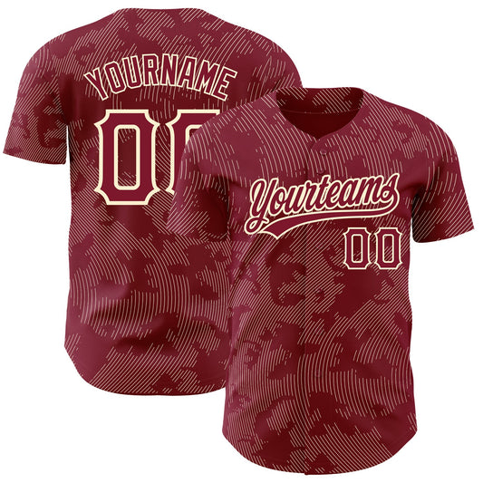 Custom Crimson Cream 3D Pattern Design Curve Lines Authentic Baseball Jersey - Main View