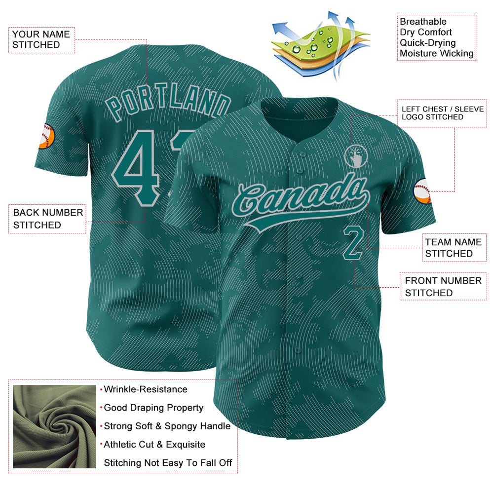 Custom Teal Gray 3D Pattern Design Curve Lines Authentic Baseball Jersey view 3