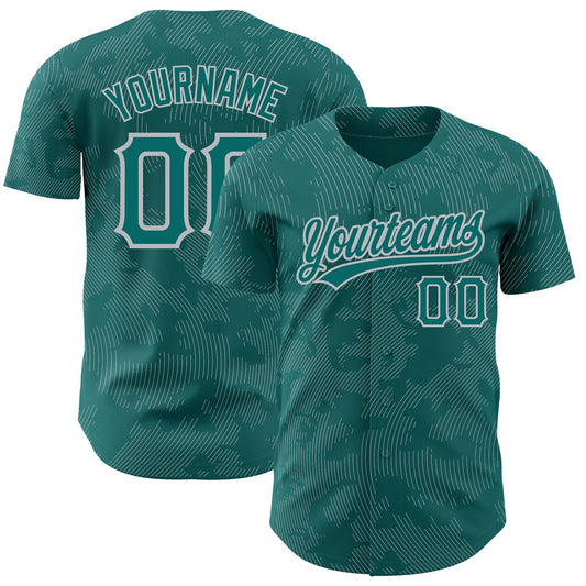 Custom Teal Gray 3D Pattern Design Curve Lines Authentic Baseball Jersey - Main View