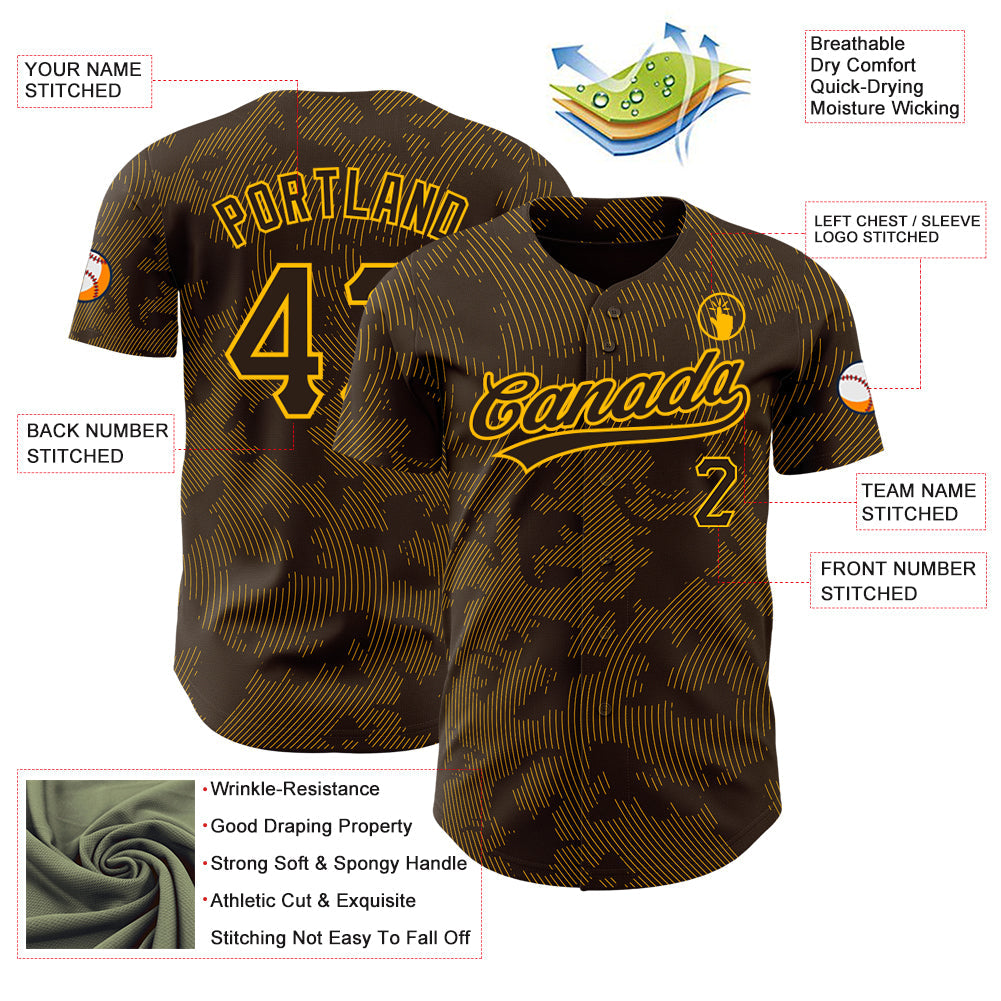Custom Brown Gold 3D Pattern Design Curve Lines Authentic Baseball Jersey view 3