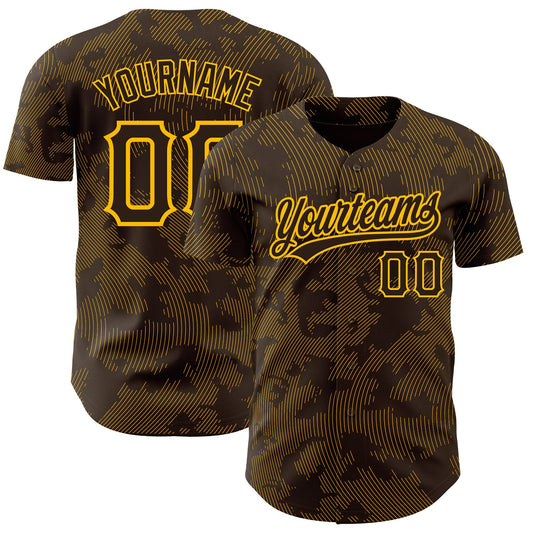 Custom Brown Gold 3D Pattern Design Curve Lines Authentic Baseball Jersey - Main View