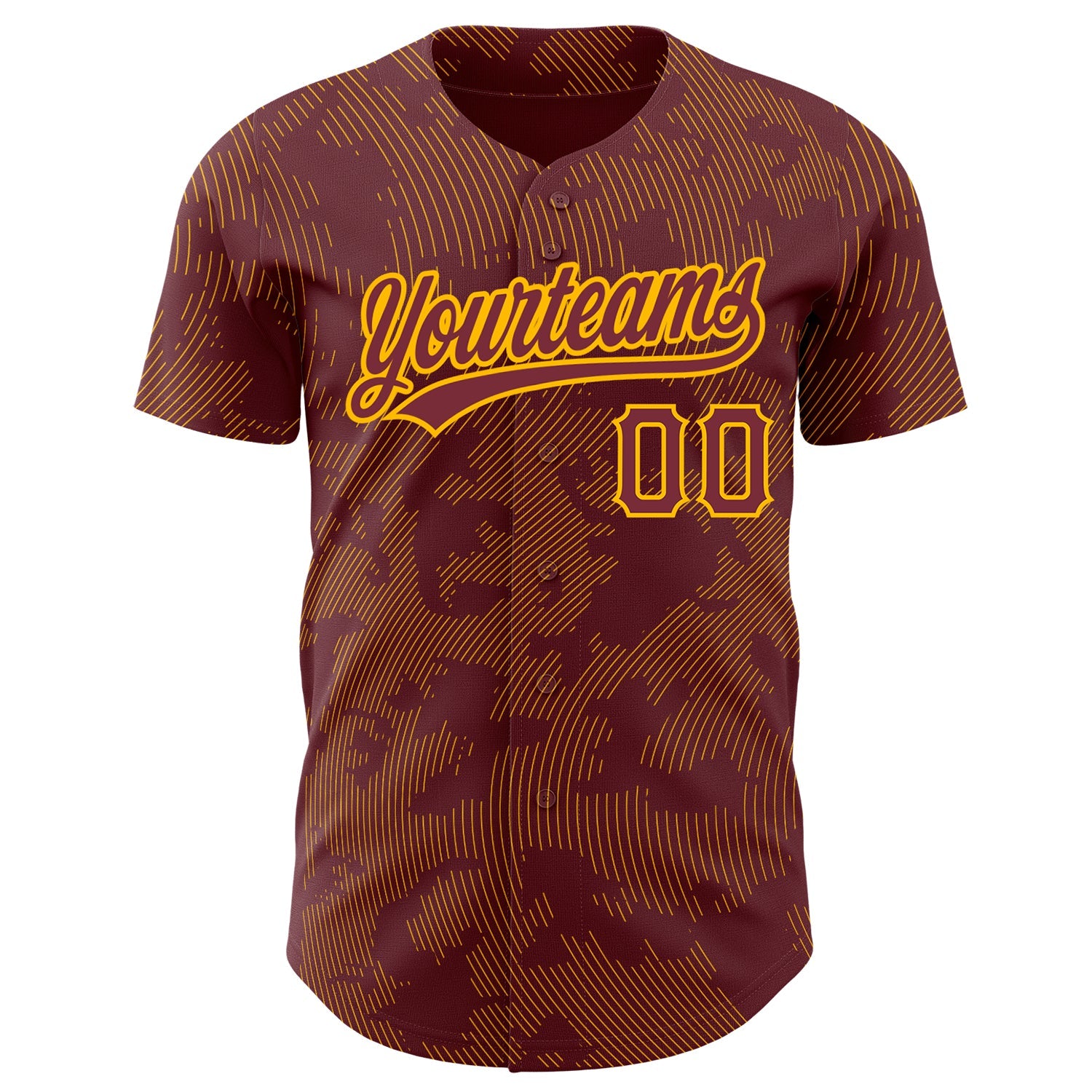 Custom Burgundy Gold 3D Pattern Design Curve Lines Authentic Baseball Jersey view 2