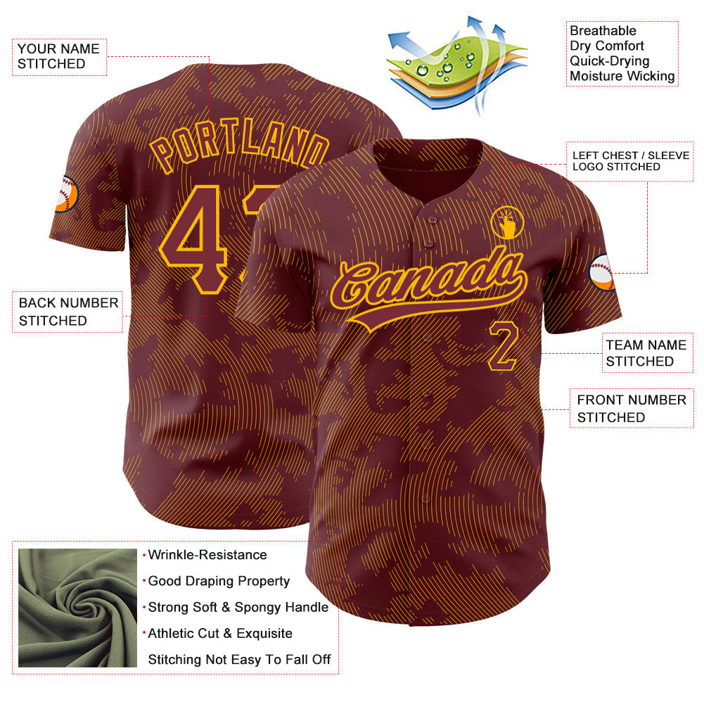 Custom Burgundy Gold 3D Pattern Design Curve Lines Authentic Baseball Jersey view 3