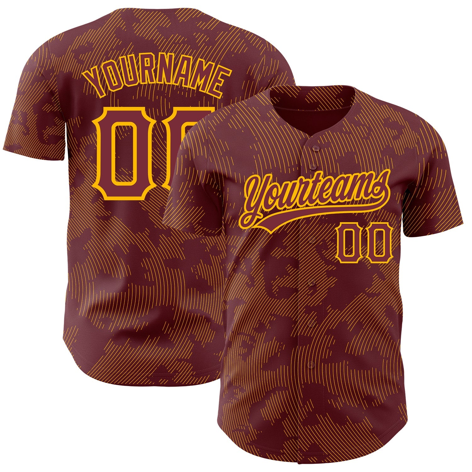 Custom Burgundy Gold 3D Pattern Design Curve Lines Authentic Baseball Jersey - Main View