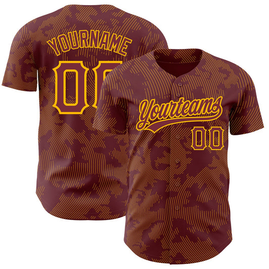 Custom Burgundy Gold 3D Pattern Design Curve Lines Authentic Baseball Jersey - Main View