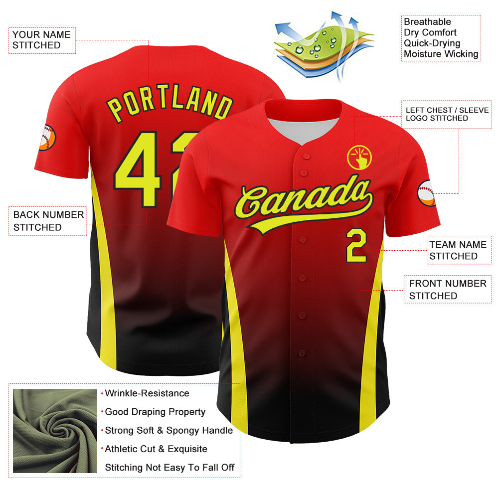 Custom Red Neon Yellow-Black 3D Pattern Design Side Stripes Authentic Baseball Jersey view 3