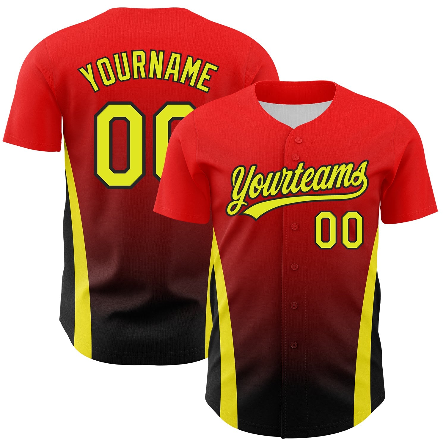 Custom Red Neon Yellow-Black 3D Pattern Design Side Stripes Authentic Baseball Jersey - Main View