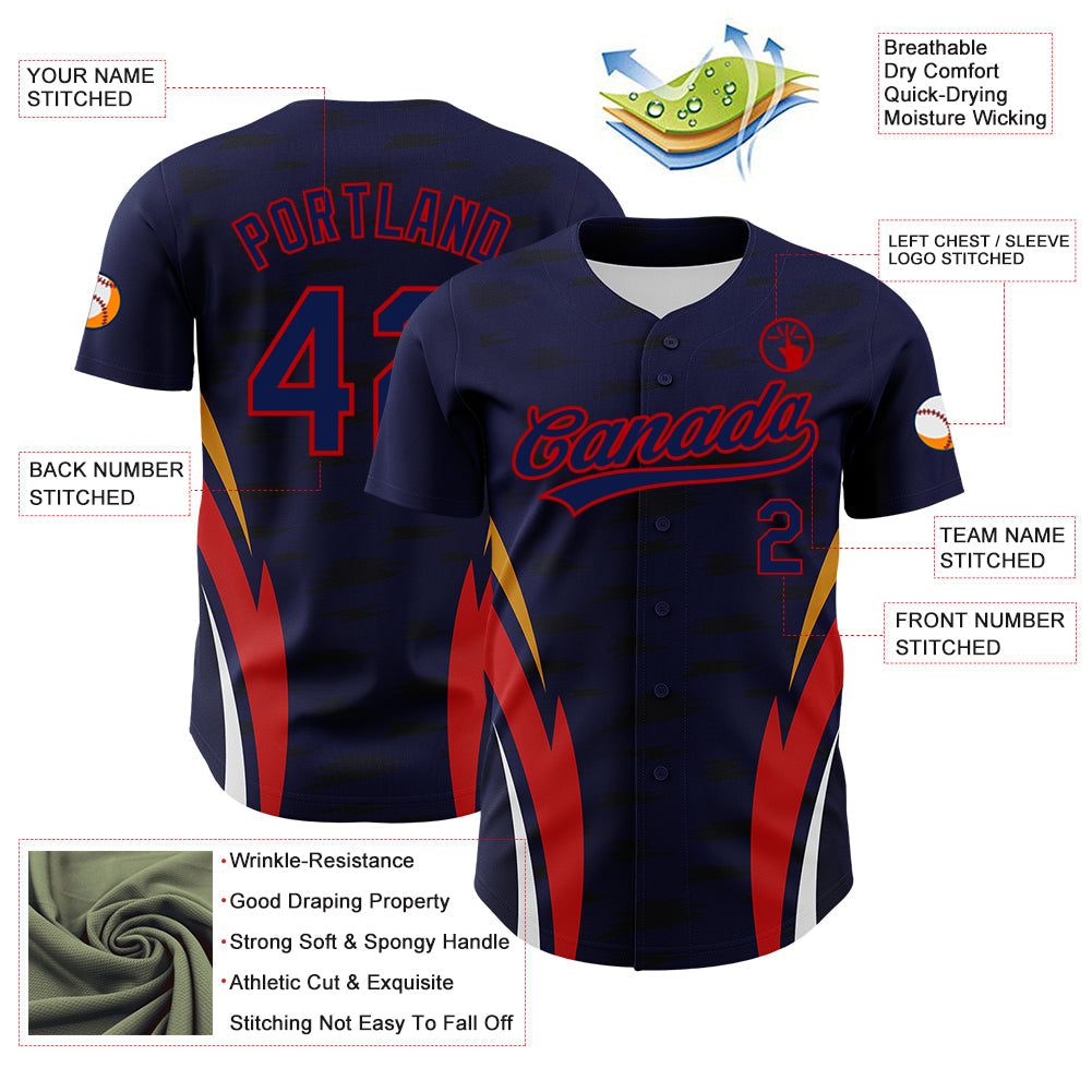 Custom Navy Red 3D Pattern Design Side Stripes Authentic Baseball Jersey view 3