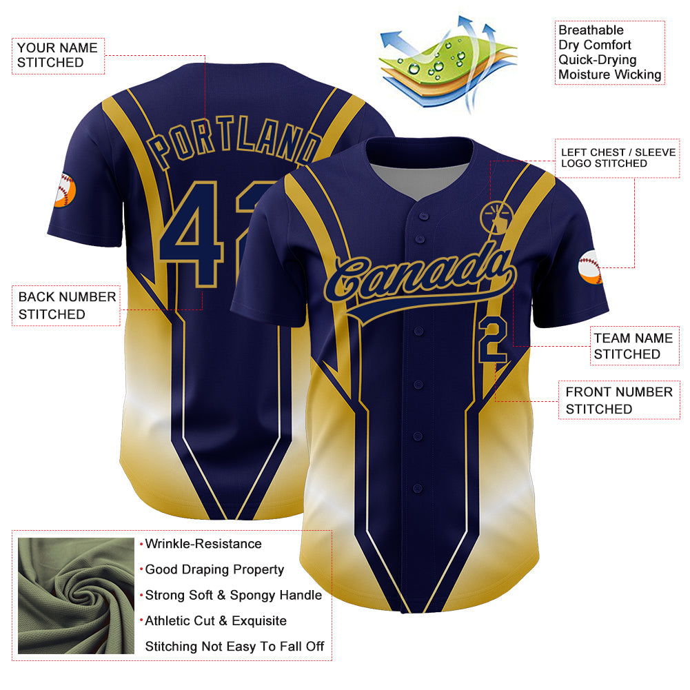 Custom Navy Old Gold 3D Pattern Design Side Stripes Authentic Baseball Jersey view 3