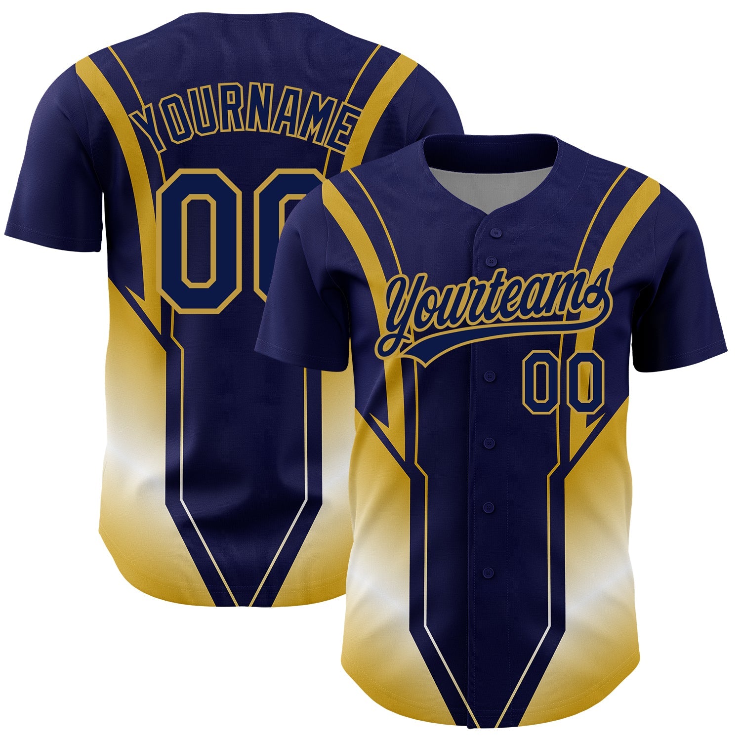 Custom Navy Old Gold 3D Pattern Design Side Stripes Authentic Baseball Jersey - Main View