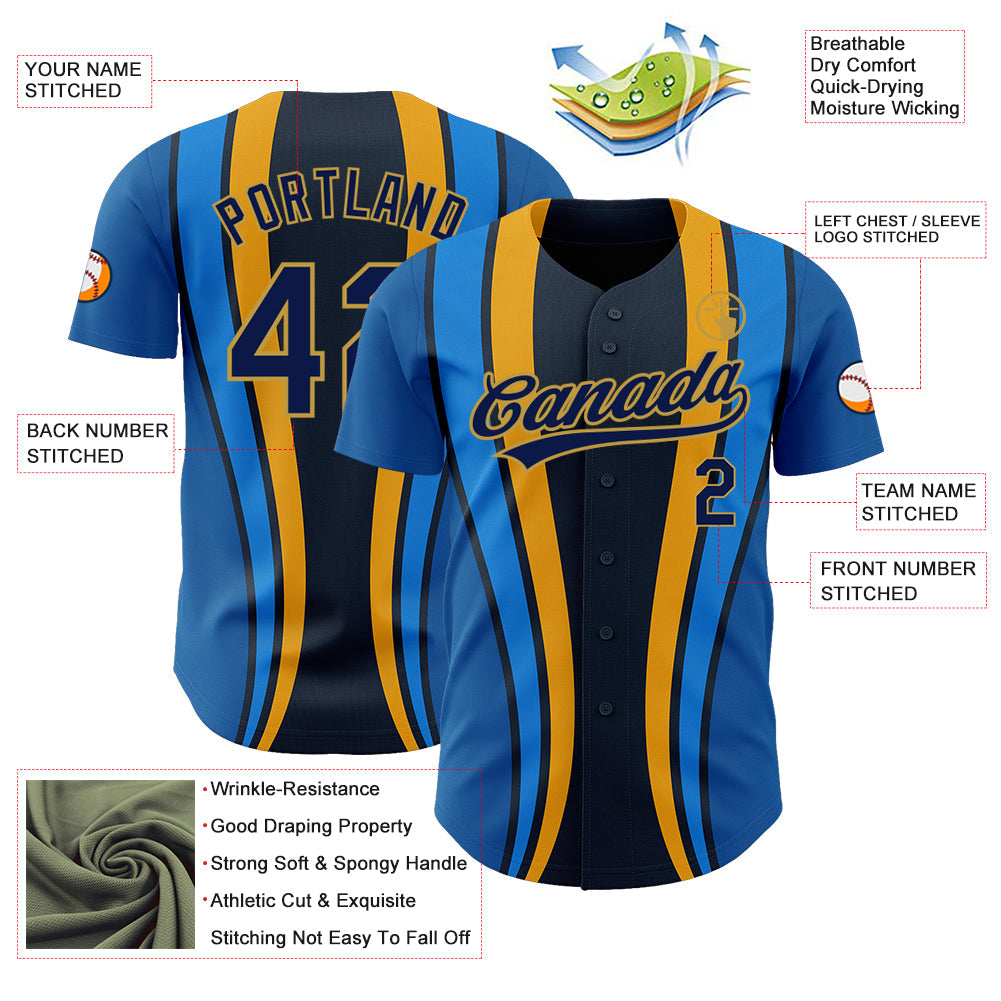 Custom Royal Navy-Old Gold 3D Pattern Design Side Stripes Authentic Baseball Jersey view 3