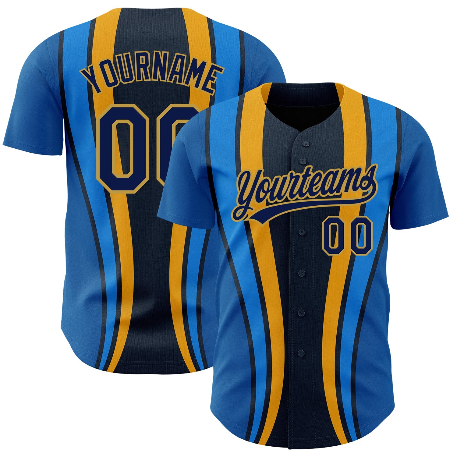 Custom Royal Navy-Old Gold 3D Pattern Design Side Stripes Authentic Baseball Jersey - Main View