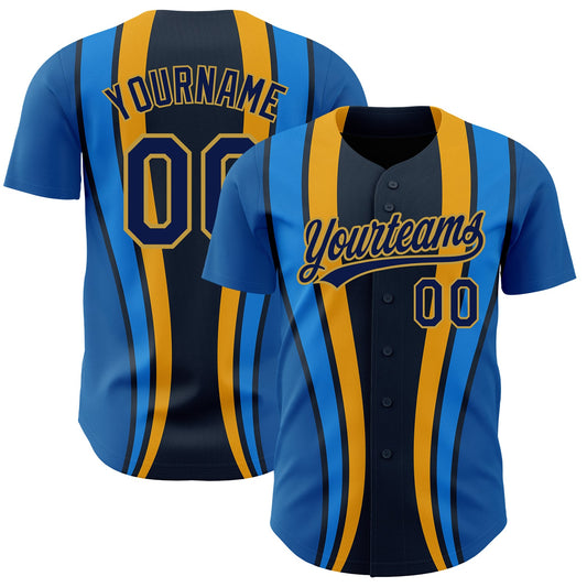 Custom Royal Navy-Old Gold 3D Pattern Design Side Stripes Authentic Baseball Jersey - Main View