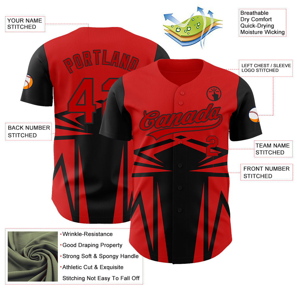 Custom Red Black 3D Pattern Design Side Sharp Edges Authentic Baseball Jersey view 3