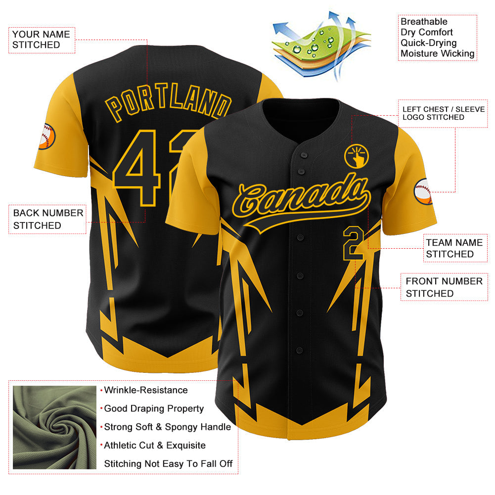 Custom Black Gold 3D Pattern Design Side Sharp Edges Authentic Baseball Jersey view 3