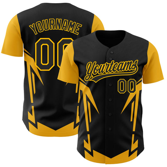 Custom Black Gold 3D Pattern Design Side Sharp Edges Authentic Baseball Jersey - Main View
