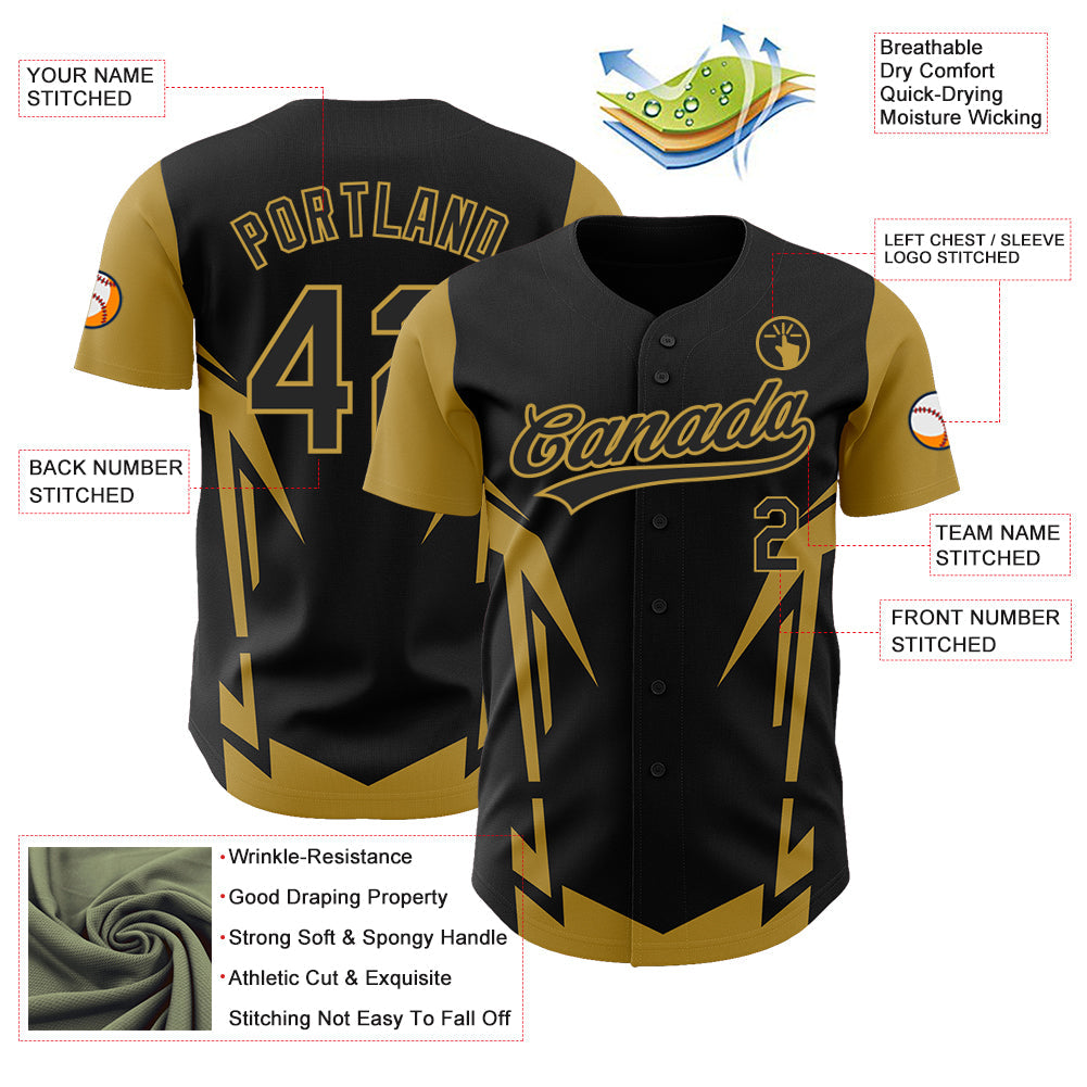 Custom Black Old Gold 3D Pattern Design Side Sharp Edges Authentic Baseball Jersey view 3