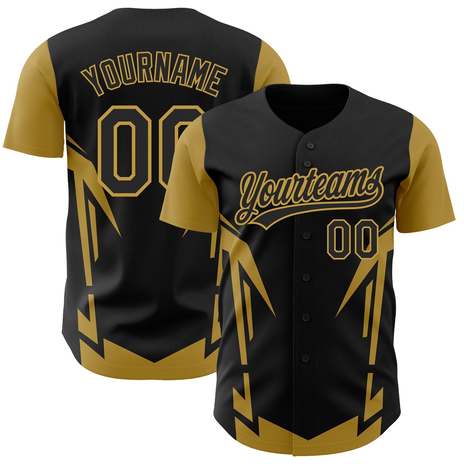 Custom Black Old Gold 3D Pattern Design Side Sharp Edges Authentic Baseball Jersey - Main View
