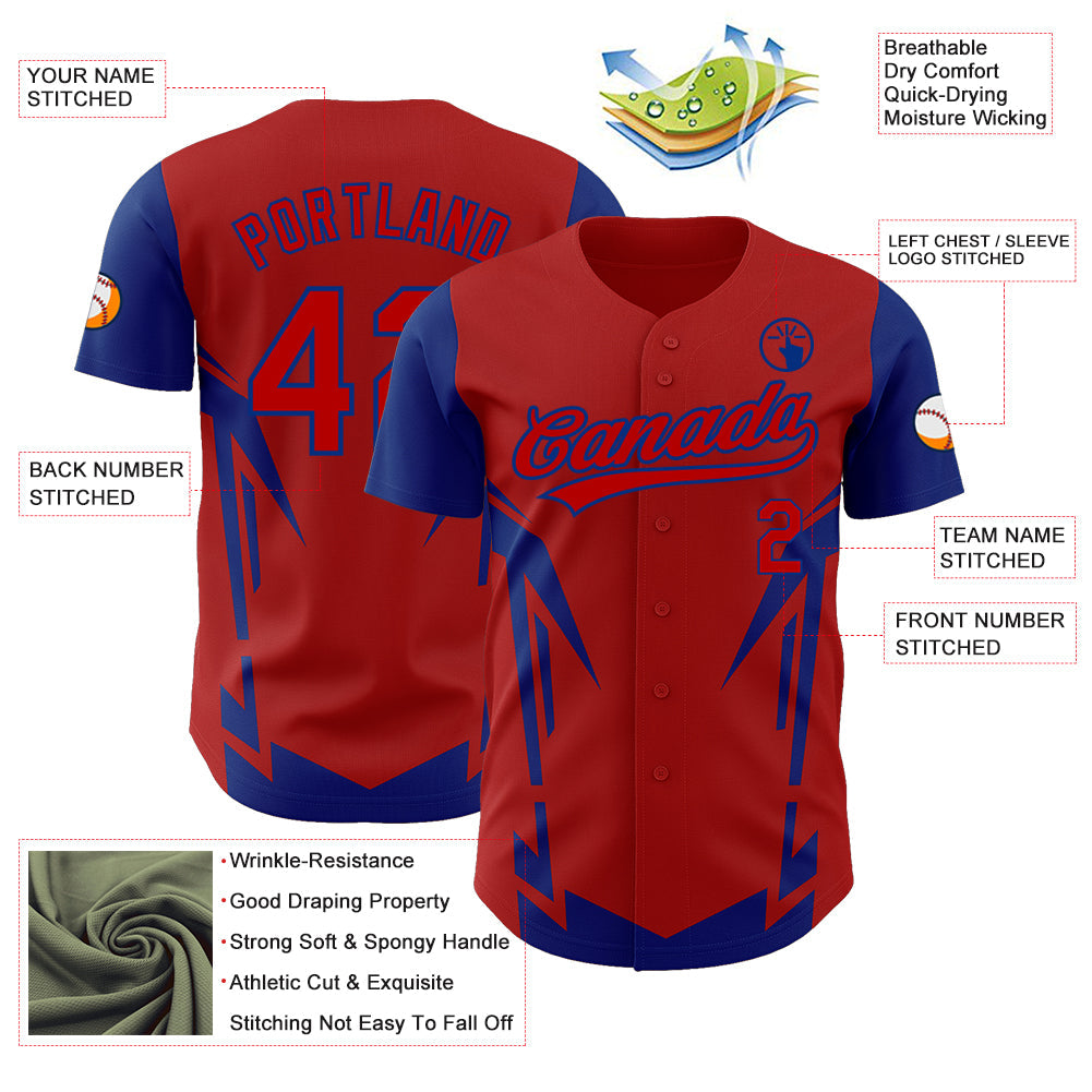 Custom Red Royal 3D Pattern Design Side Sharp Edges Authentic Baseball Jersey view 3