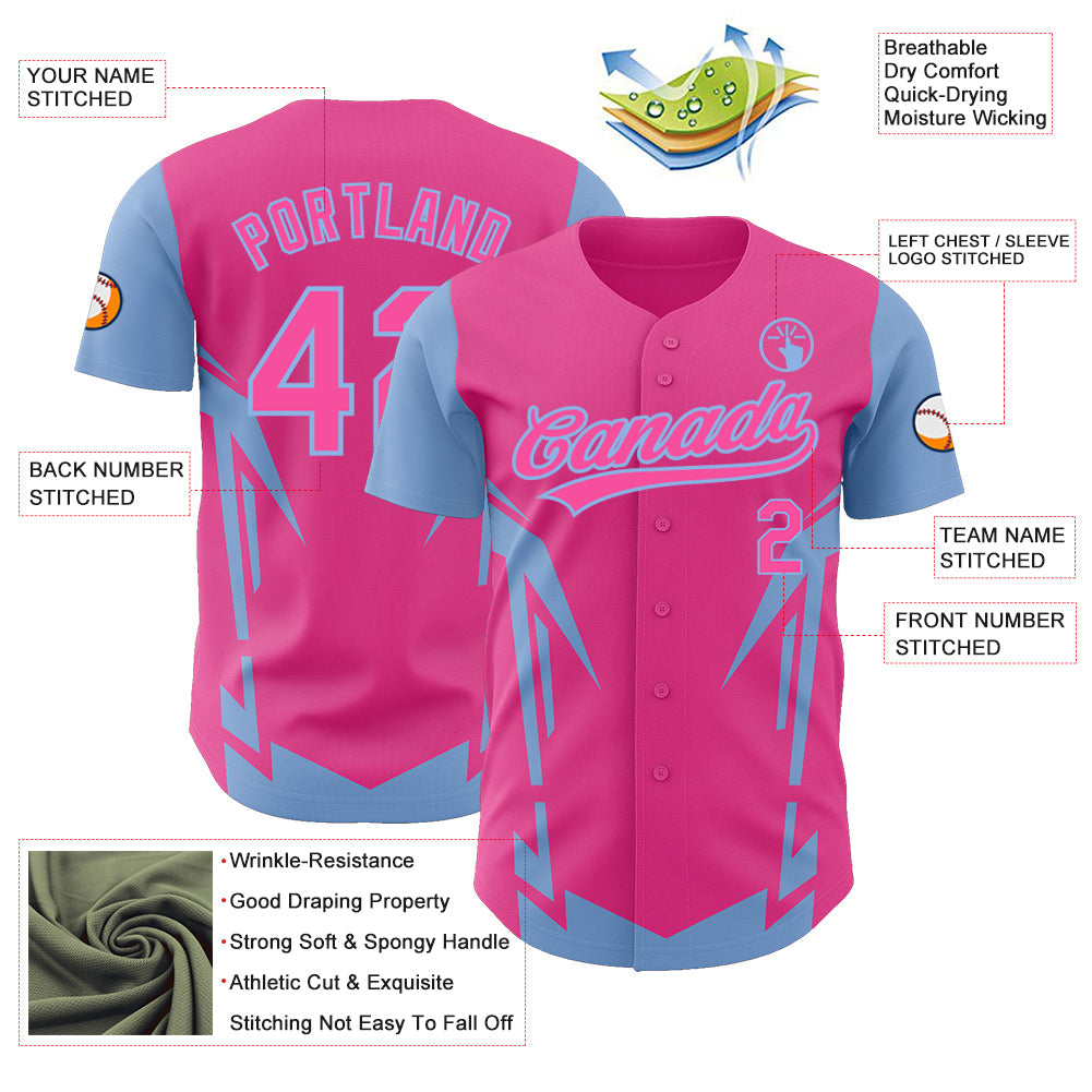 Custom Pink Light Blue 3D Pattern Design Side Sharp Edges Authentic Baseball Jersey view 3