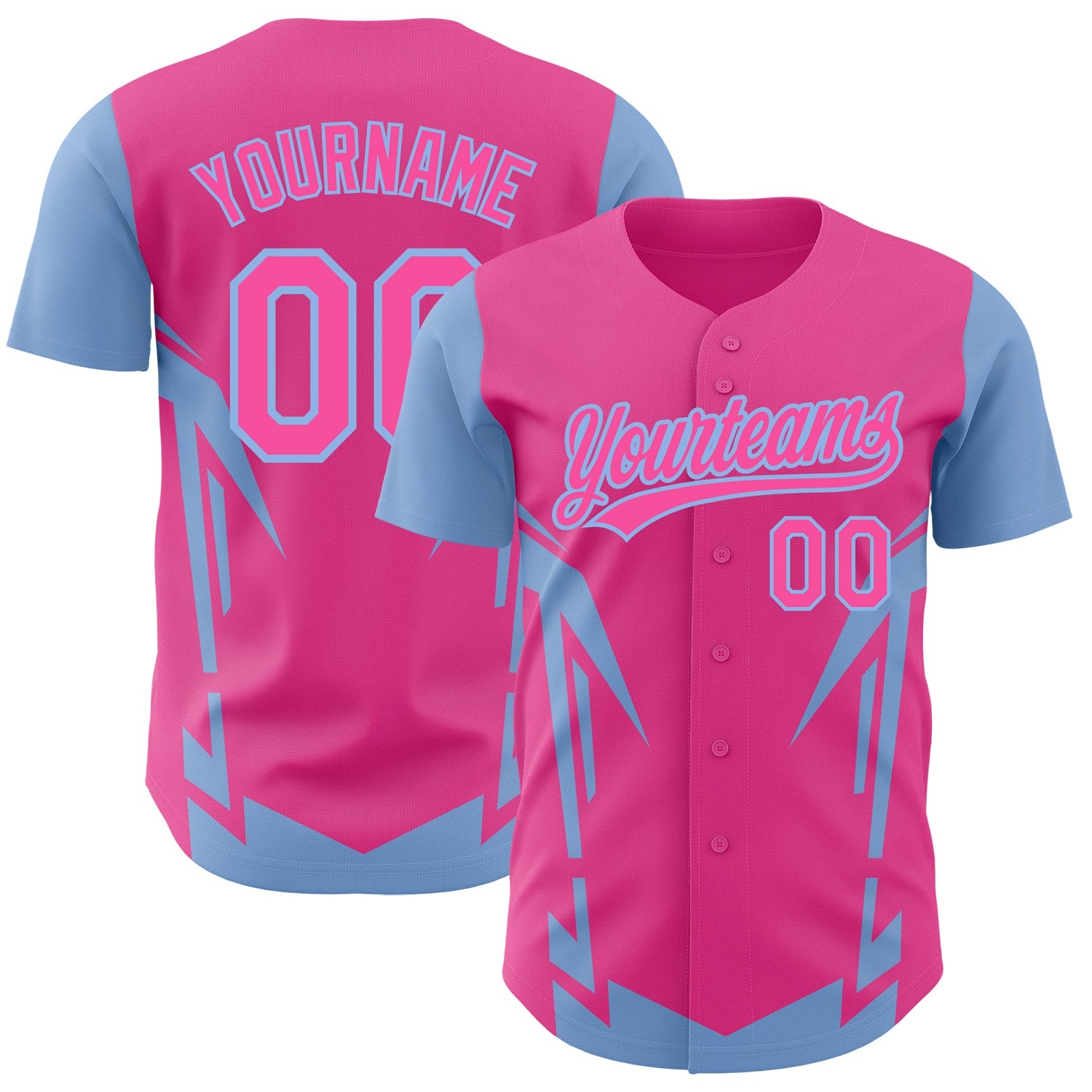 Custom Pink Light Blue 3D Pattern Design Side Sharp Edges Authentic Baseball Jersey - Main View